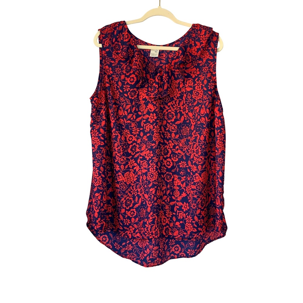 Terra & Sky‎ Women's 1X (16W-18W) Red Blue Floral Sleeveless Ruffle Neck Blouse